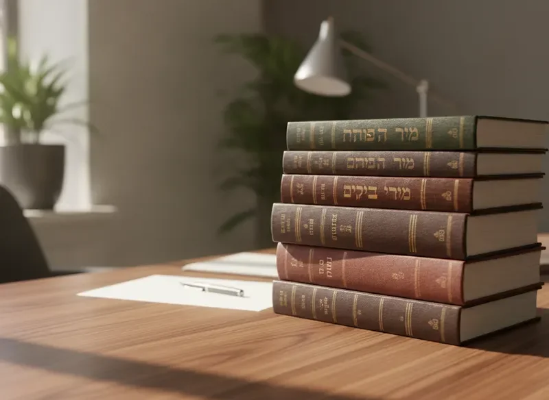 ספרי משפט בעברית ורוסית על שולחן עץ במשרד עורכי דין בבת ים